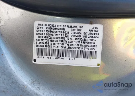 2006 Honda Odyssey Touring from USA, damaged, VIN 5FNRL38826B079319